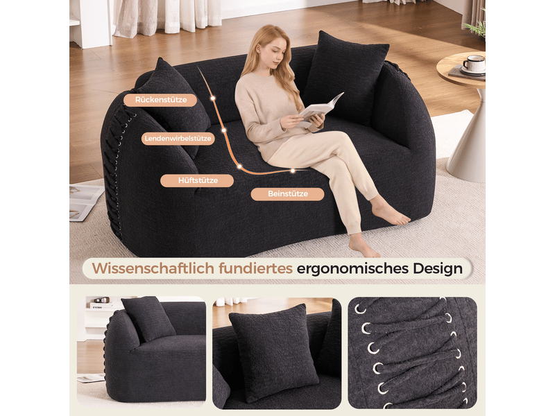 Canapé 2 places 155x90 cm design arrondi - accoudoirs avec détails noués décoratifs - tissu chenille - noir - Conforama E