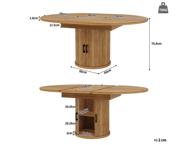 Table de salle à manger ronde, 118x158 cm, extensible avec allonge, design moderne, pratique, mdf, coloris marron  - Conforama C
