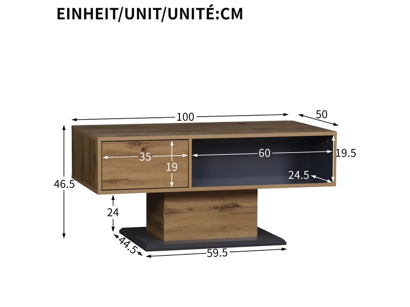 Table basse 100x50x46,5 cm, rangement double face, compartiment intérieur, design moderne, structure en panneaux - gris et bois  - Conforama C