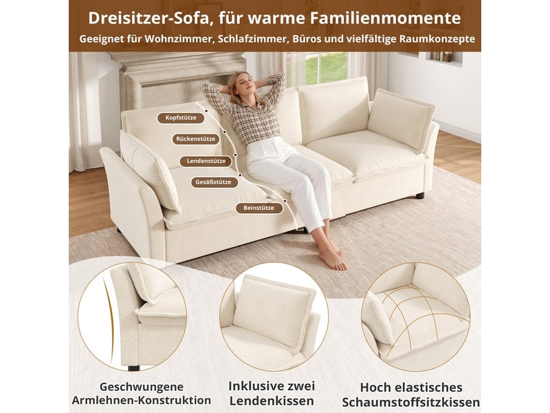  Canapé combinable 3-1-1 modulaire 3 places 2 fauteuils tissu chenille beige coussins confort cloud design moderne pour salon  - Conforama D