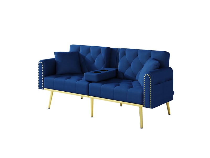 Canapé convertible 2 places 175 x 80 x 73,5 cm avec fonction couchage, dossier réglable 3 positions, porte-gobelet intégré, coussins de soutien, velours - bleu - Conforama A