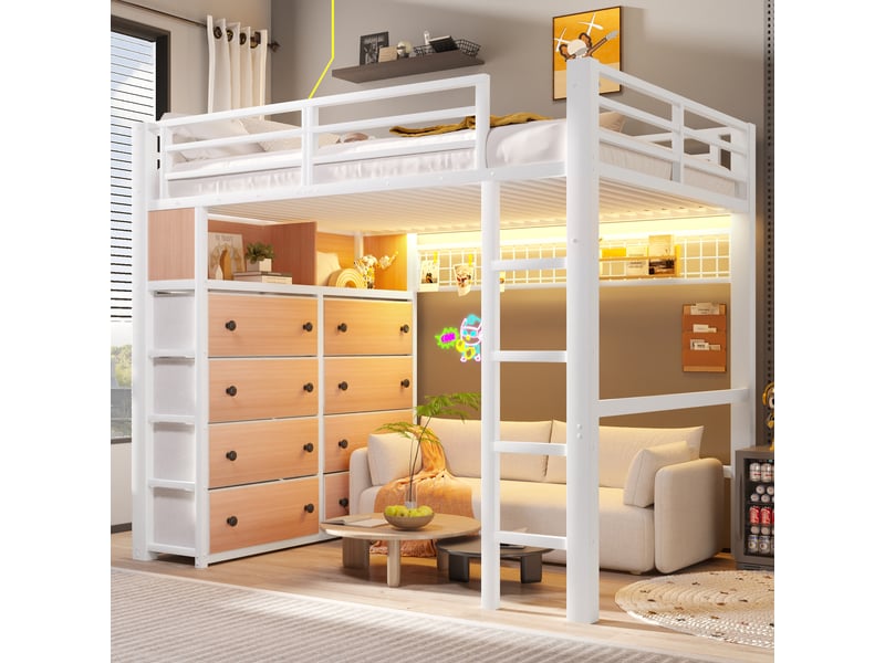 Lit mezzanine enfant 140x200 cm, 8 tiroirs et 2 étagères, panneau perforé, led 7 couleurs, espace inférieur ouvert, garde-corps intégral, métal blanc Radiant Stride - Conforama B