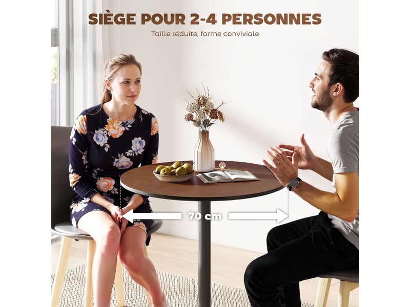  Table à manger ronde 70 cm pour 2 personnes avec plateau en placage de massif bois et piétement en acier marron  - Conforama E