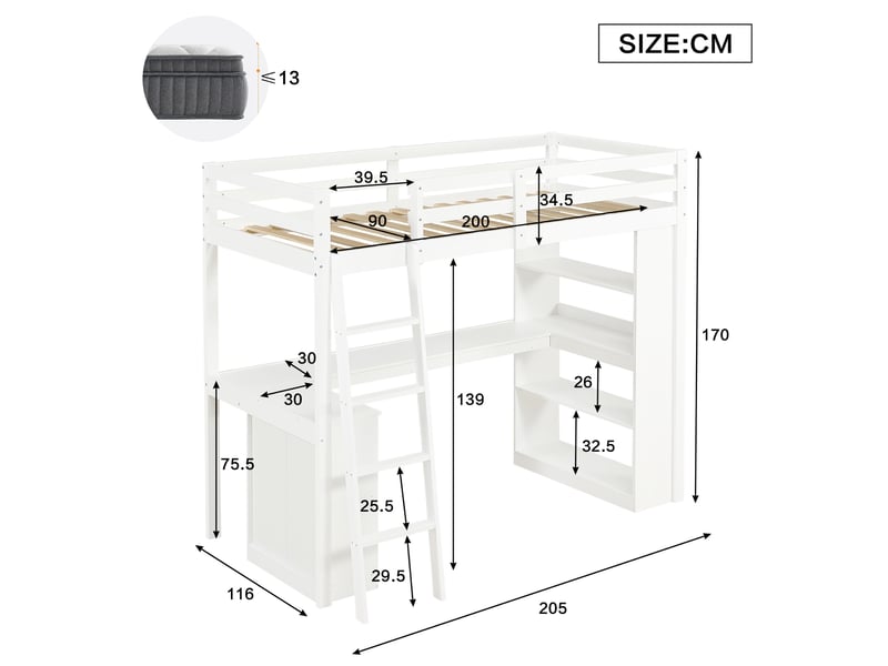  Lit mezzanine enfant 90 x 200 cm avec rangement et table d’angle, structure en pin et panneaux de bois, blanc  - Conforama C