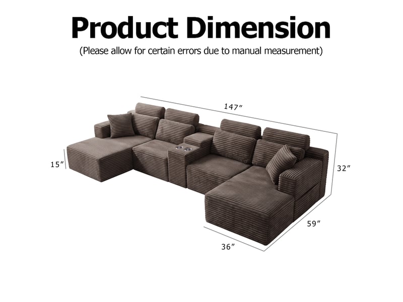  Canapé d'angle modulaire en u 373x151x81 cm compressé avec porte-gobelets, pour salon, mousse, velours côtelé, kaki  - Conforama C