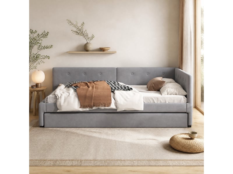  Lit gigogne 90x200 cm avec couchage d'appoint 90x190 cm en velours gris  - Conforama D