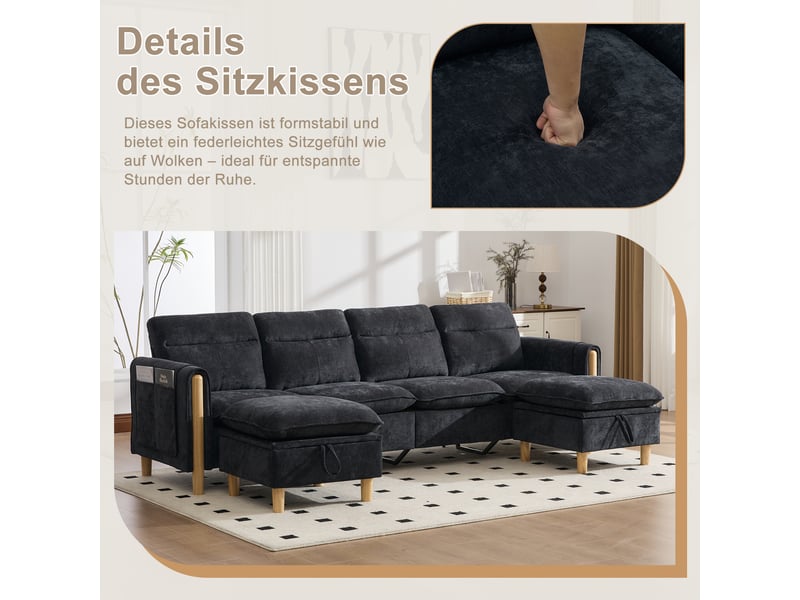 Canapé en u 4 places en chenille noire avec 2 poufs et rangement intégré sous assise - Conforama E