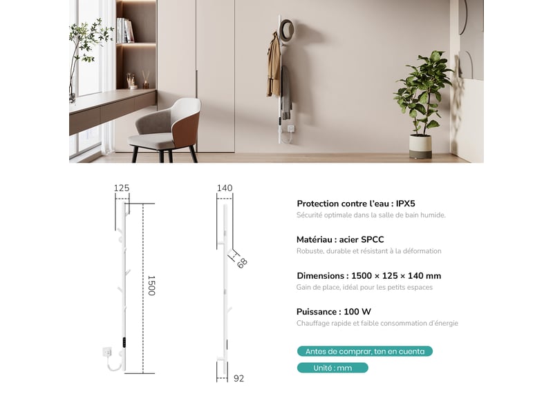  Emke sèche-serviettes électrique wifi pure, blanc brillant, 150 x 12,5 cm, température réglable, minuterie  - Conforama E