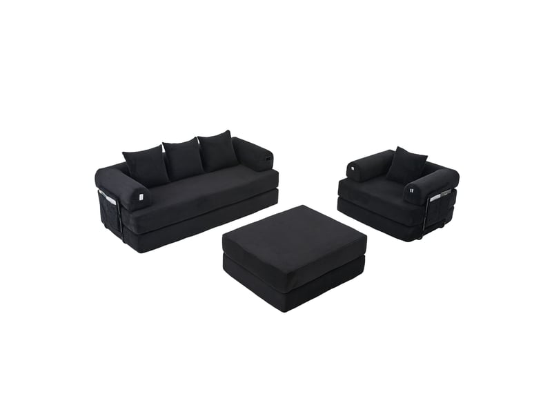  Canapé modulable, canapé 4 places, en velours tricoté, poches latérales, mousse haute densité, avec pouf  - Conforama B
