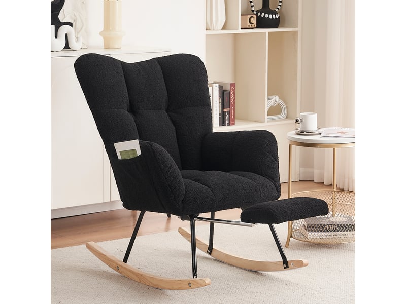  Fauteuil à bascule, fauteuil à oreille avec repose-pieds et porte de rangement, fautuil relax, confort, teddy noir  - Conforama B