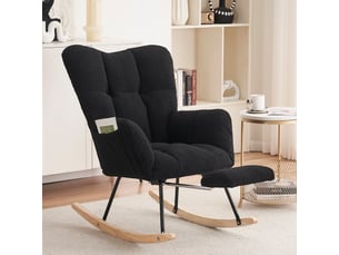 Fauteuil à bascule, fauteuil à oreille avec repose-pieds et porte de rangement, fautuil relax, confort, teddy noir