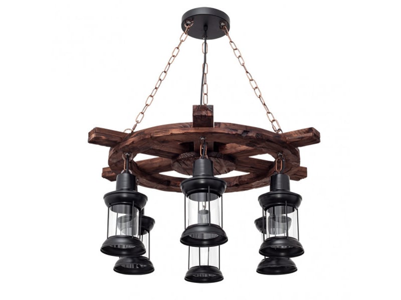 Suspension rustique ABRILA Finca Timonel 6 lumières E27 noire et marron, métal bois et verre, hauteur réglable 50-95 cm, Ø75 cm 152096009 - Conforama A