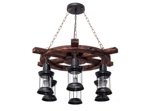 Suspension rustique ABRILA Finca Timonel 6 lumières E27 noire et marron, métal bois et verre, hauteur réglable 50-95 cm, Ø75 cm