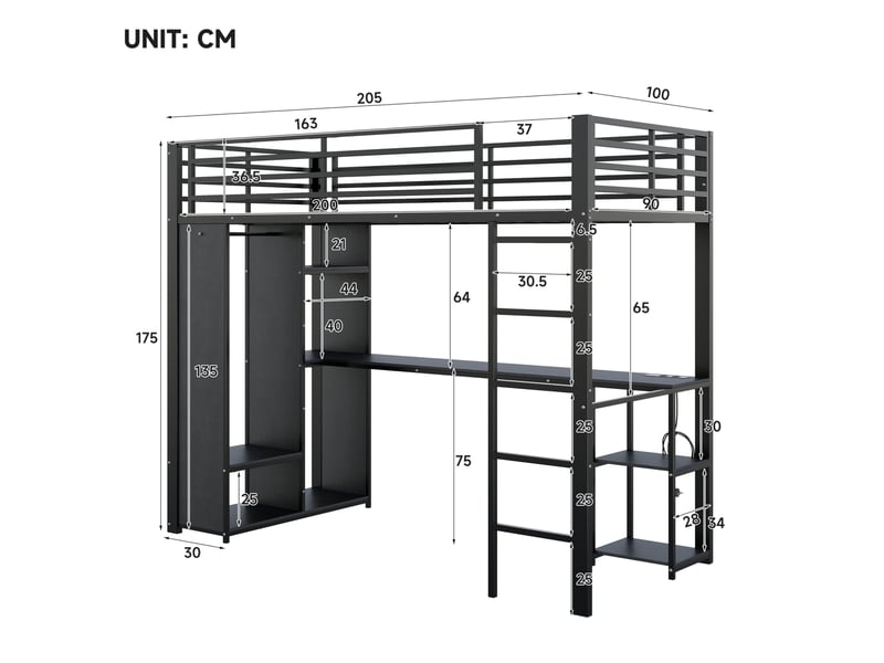  Lit mezzanine 90 × 200 cm 1 place avec bureau, étagères, led réglable et dressing ouvert, sans matelas  - Conforama D