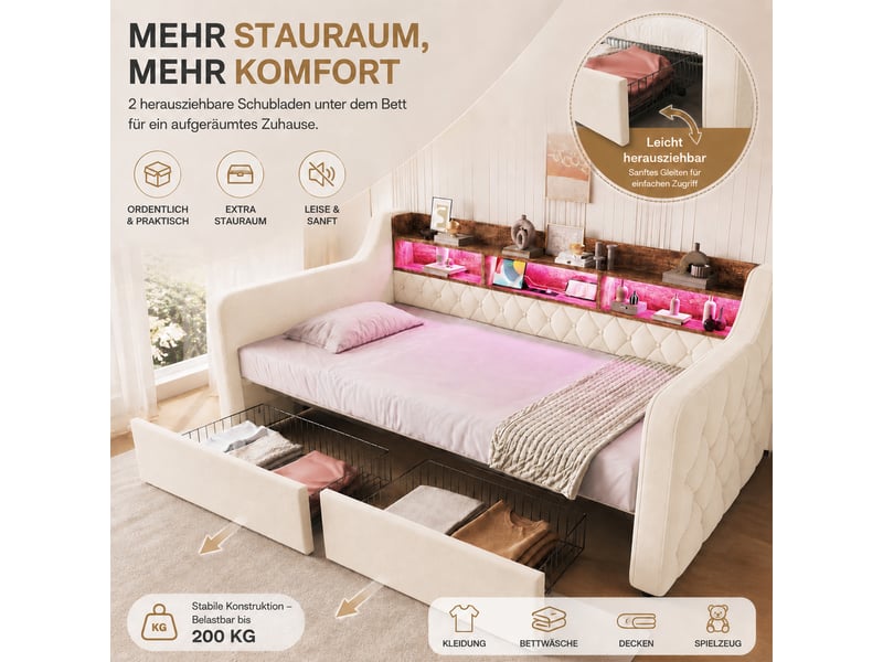  Lit banquette rembourré 90 x 190 cm, led, usbtype-c, tête de lit avec étagère, 2 tiroirs, sommier à lattes, velours, beige Bliss Lite - Conforama E