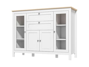 Buffet de salon, meuble de rangement avec un placard à double porte, deux portes vitrées, deux tiroirs et une étagère réglable, 120 x 40 x 90 cm