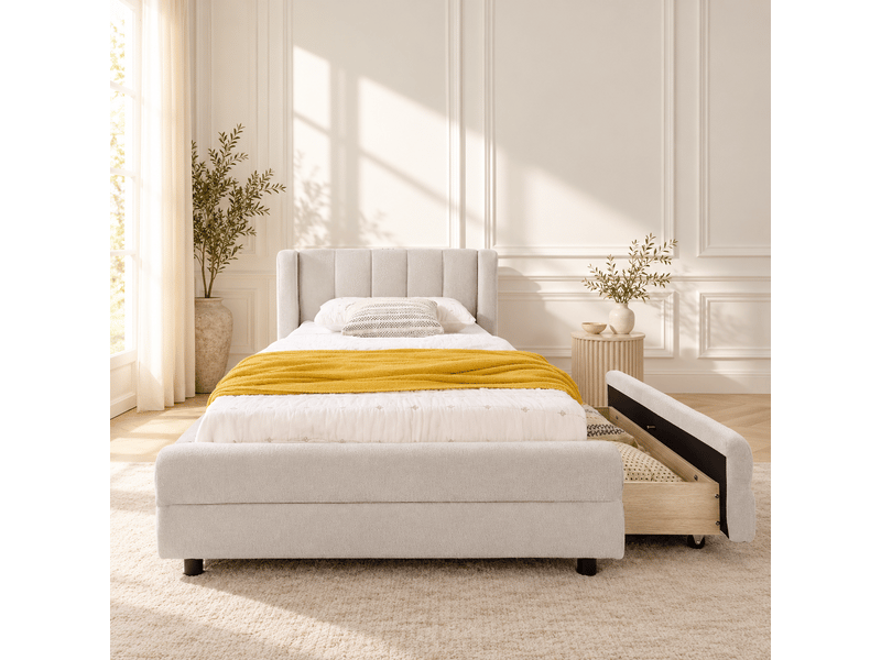 Lit enfant 90 x 200 cm, 1 tiroirs, rangements latéraux, port usb, design ergonomique, tissu chenille doux, beige Bliss Lite - Conforama E