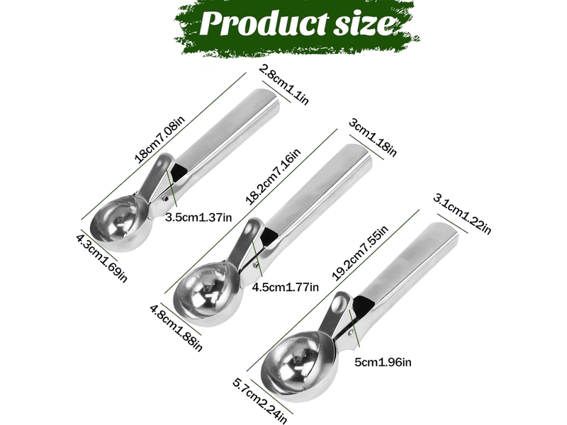 Lot de 3 cuillères à glace inox, portionneuses à glace avec déclencheur, boules de glace, boules de melon, boulettes de viande, pâte à gâteau - Conforama B
