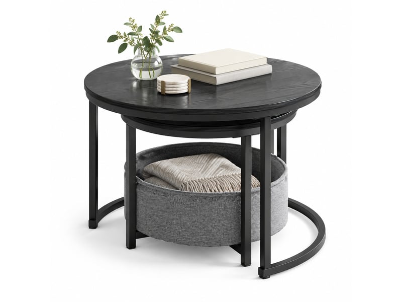  Tables basses gigognes rondes x2 avec sac de rangement, métal et bois, noir ancien  - Conforama A