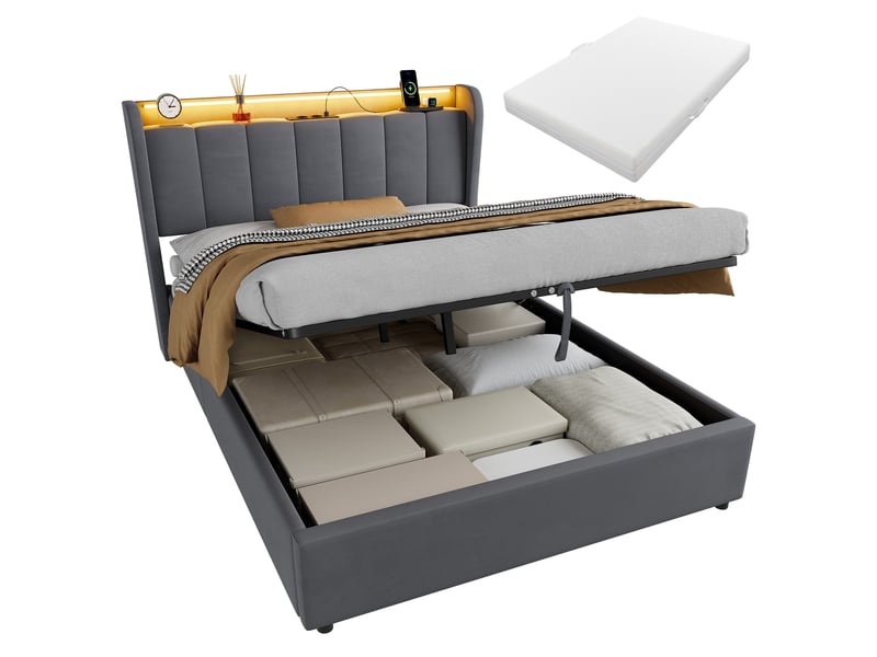  Lit rembourré 140 × 200 cm 2 places avec matelas et veilleuse, lit pour enfant avec prise électrique et coffre de rangement, grand espace de rangement, gris foncé  - Conforama A