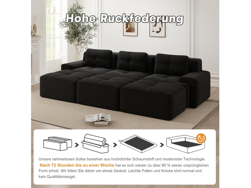 Canapé d'angle modulable 3 places avec fonction couchage et 3 poufs, assise profonde en velours côtelé noir - Conforama E