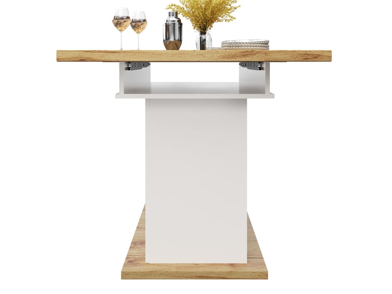 Table extensible, 110-140x80x75 cm, à double rallonge avec espace de rangement, pratique, mdf, coloris naturel et blanc - Conforama A