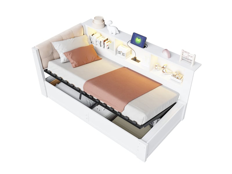 Lit de jour 90x200 cm avec rangement hydraulique - lit banquette en bois avec led, usb et étagères blanc - Conforama A