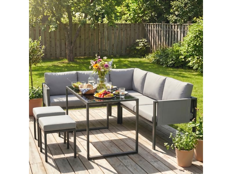  Salon de jardin canapé d'angle extérieur 6 pcs coussins 10cm table haute et 2 repose-pieds gris  - Conforama D