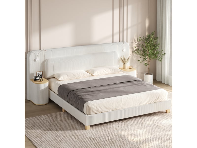  Lit double 140 x 200 cm avec 2 chevets intégrés et éclairage led, lit rembourré en velours côtelé beige avec tête de lit épaisse et rangements  - Conforama B