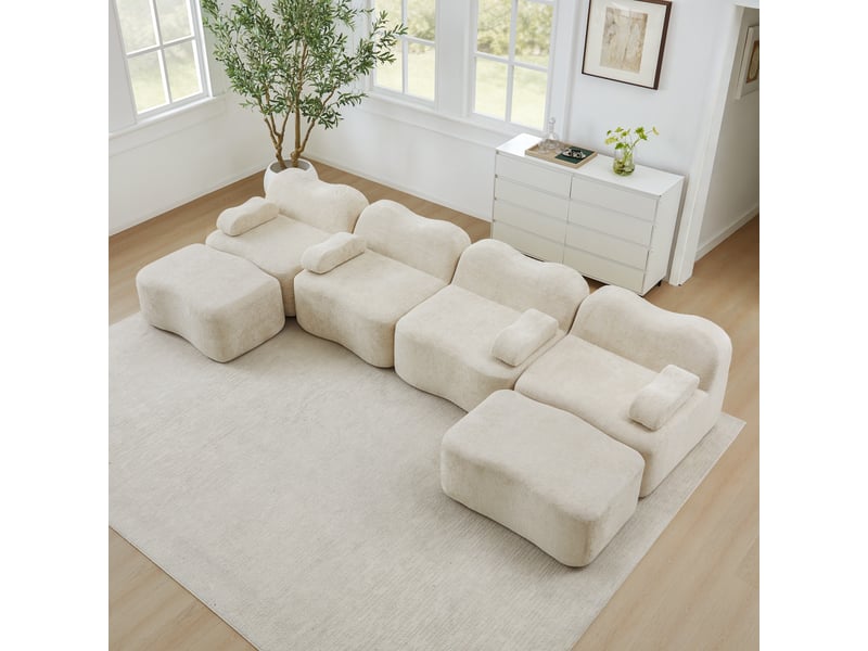  Canapé 4 places avec 2 poufs - 384x167x70 cm - canapé panoramique u velours mousse 32d sans structure 1100kg - beige  - Conforama D
