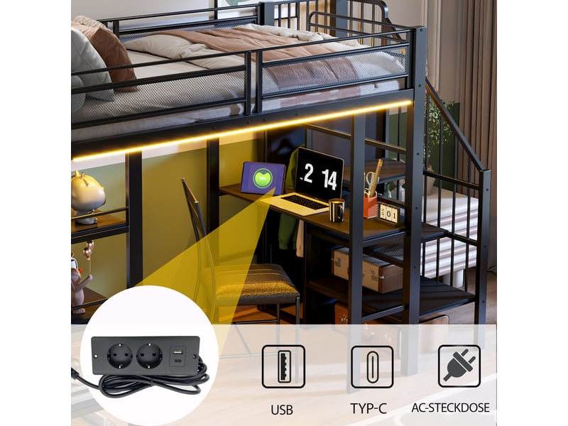 Lit surélevé 90x200 en métal noir avec led, prise, étagère et bibliothèque, lit simple multifonction  - Conforama D