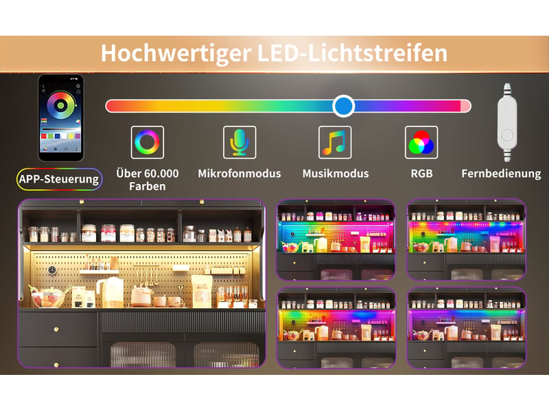  Meuble haut de rangement, coloris noir, 145 × 39 × 171 cm, mdf, métal et verre, led rgb pilotable par application  - Conforama E