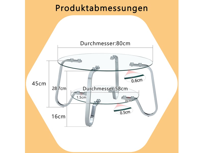 Table basse ulevr ronde à 2 niveaux avec rangement, ø 80 cm, verre trempé et métal argenté, hauteur 45 cm  - Conforama C