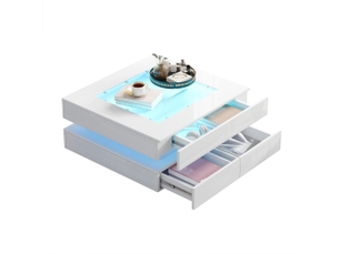 Table basse 70x70x35 cm avec led, 3 tiroirs et plateau en verre trempé, finition brillante, panneau de particules, blanc