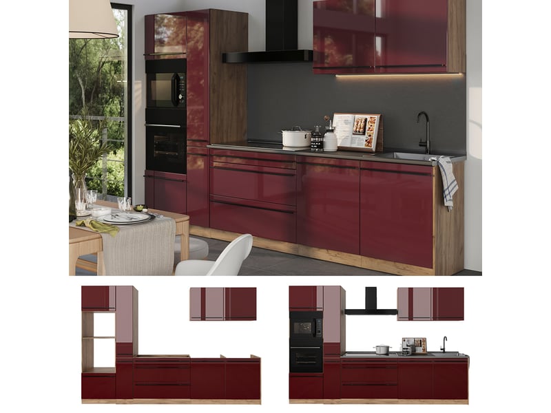 Vicco cuisine, rouge brillantchêne doré, 310cm plan de travail marbre - Conforama D