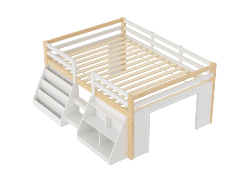 Lit enfant 140 x 200 cm – avec étagères de rangement – avec barrières de sécurité – avec échelle – avec éclairage led – blanc + naturel (matelas non inclus) - Conforama R