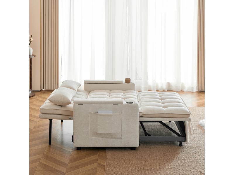 Canapé-lit convertible 3-en-1 142 cm, avec rangement, porte-gobelets, poches latérales et 2 coussins lombaires - beige  - Conforama B
