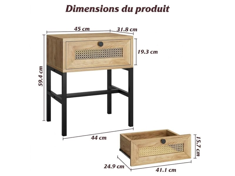  Table basse d'appoint en rotin bohème – tiroir et étagère ouverte – structure métal solide – pour salon, chambre ou dortoir PHO_0Z7F61E1 - Conforama E
