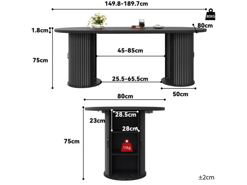 Table à manger extensible 150 à 190 cm noire avec rangement caché et poignées en métal - Conforama C