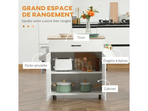 Dessert îlot de cuisine multi-rangements 1 tiroir 1 placard 2 portes bois blanc - avec étagère réglable porte-torchons et porte-épices
