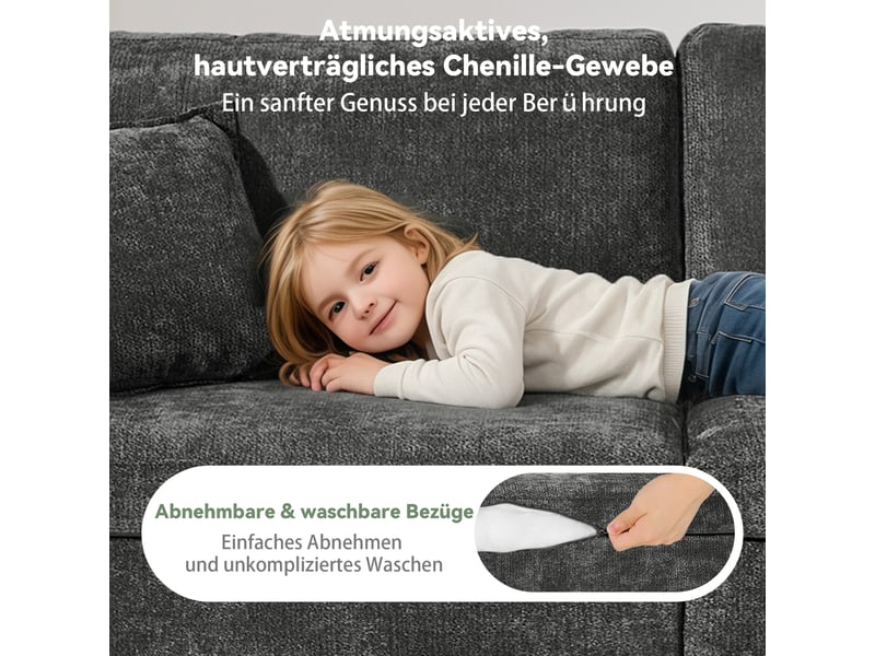 Canapé relax 2 places noir en chenille 220 × 100 × 89 cm, poche latérale, porte-gobelet, coussins et recharge usb - Conforama E