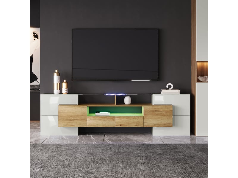  Meuble tv 200x35x60 cm avec led multicolore, 6 portes et 2 tiroirs, lowboard moderne laqué blanc et bois avec rangement - naturel  - Conforama D