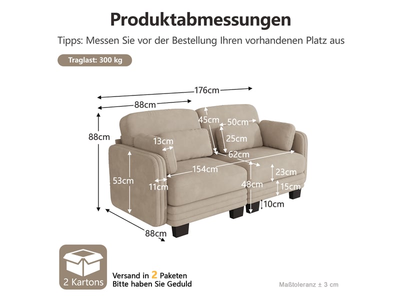  Canapé modulable 2 places 176x88x88 cm, coussins lombaires et accoudoirs, chenille, structure bois, café clair  - Conforama C