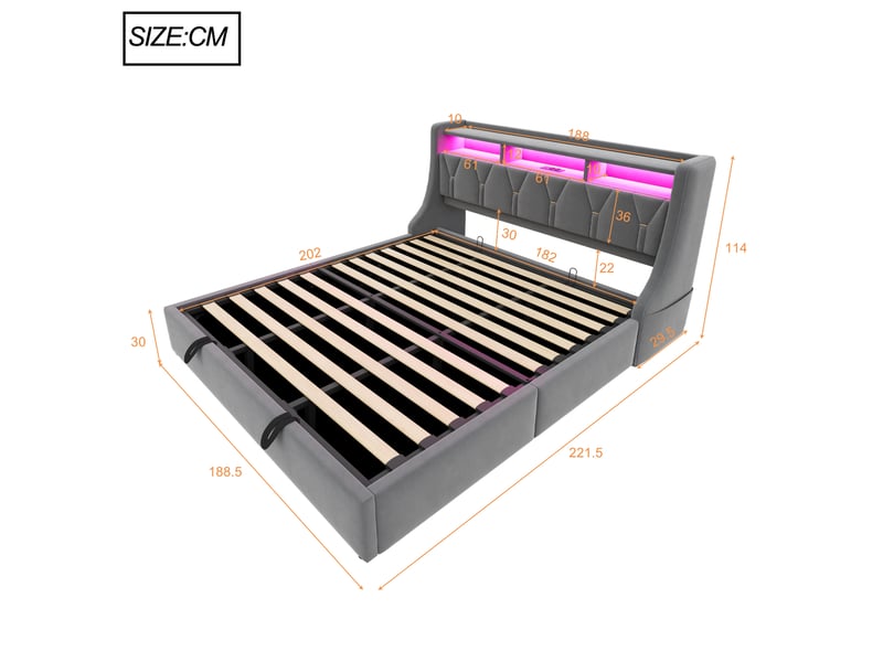  Lit double coffre 180x200 cm - lit coffre avec rangement hydraulique - tête de lit led, usb &amp; type-c - gris  - Conforama C
