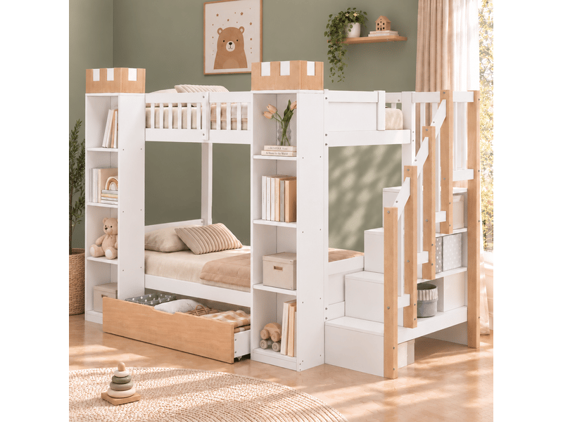 Lit superposé enfant 90x200 cm avec escalier de rangement, blanc et bois, sans matelas - Conforama W