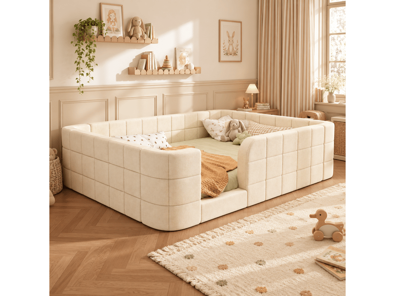 Lit au sol enfant rembourré 140x200 cm en chenille beige avec barrières de sécurité, accès bas, design modulable et sommier à lattes Morn Vibe - Conforama D