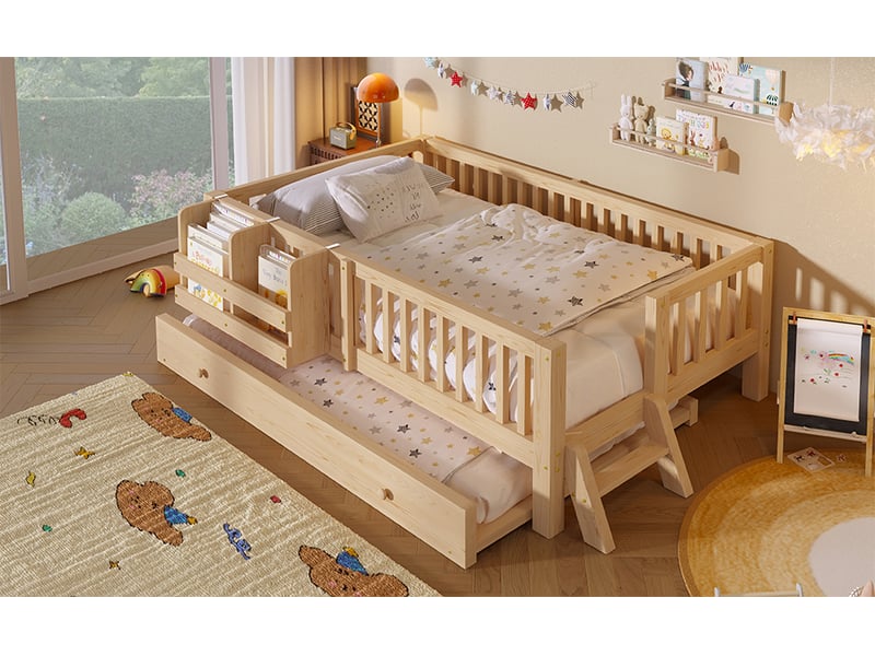  Lit enfant gigogne 90 × 200 cm, barrières et marchepied, bois naturel  - Conforama B