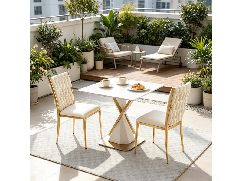  Chaises de salle à manger lot de 2 à dossier haut  - assise rembourrée en velours métal doré blanc crème  - Conforama C