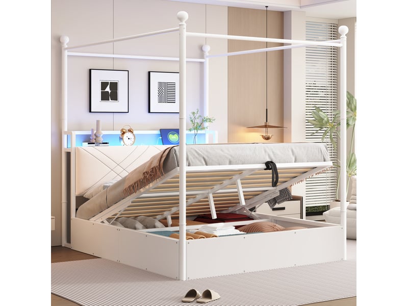  Modenvie lit à baldaquin 140x190 cm - rangement hydraulique, led et ports usb-c - pour petit espace - blanc  - Conforama B