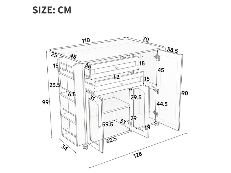  Îlot de cuisine mobile à plateau rabattable 110 cm, 2 tiroirs, blanc et bois naturel  - Conforama E